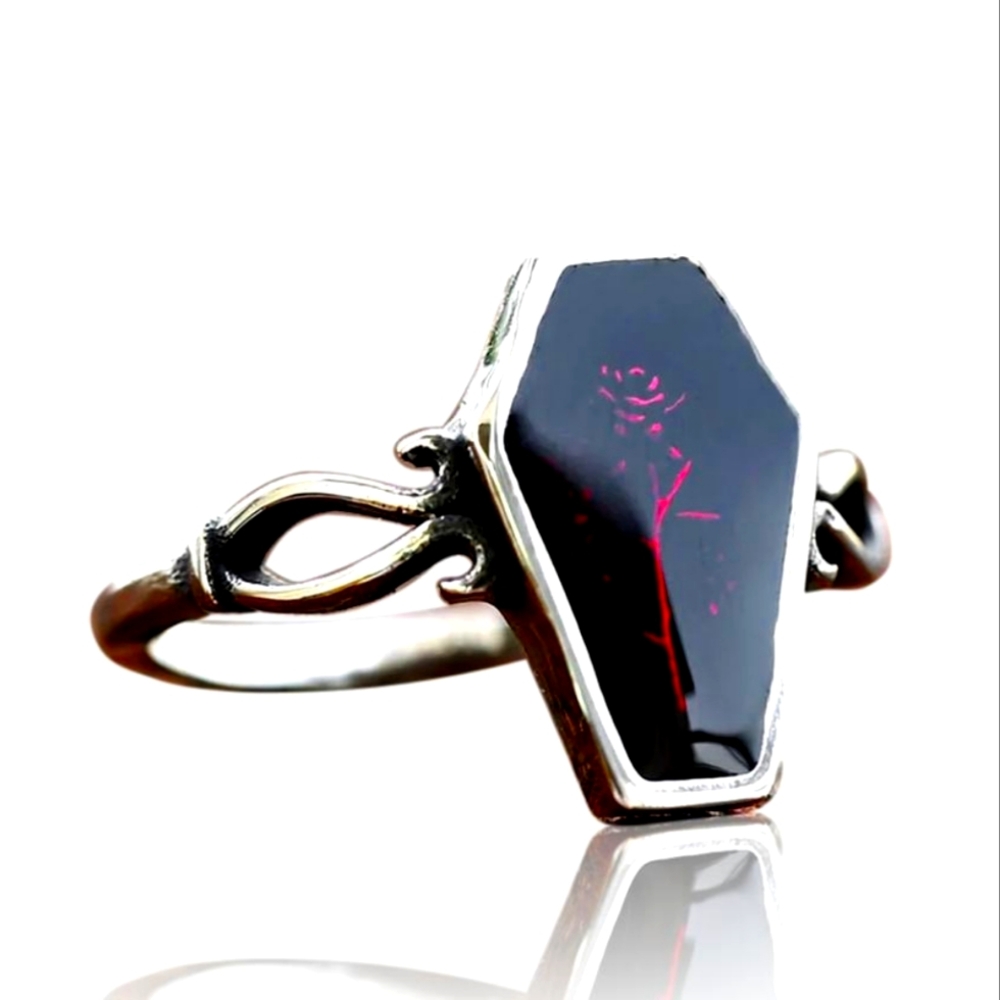 Gothic Vampire Red Rose Coffin Ring